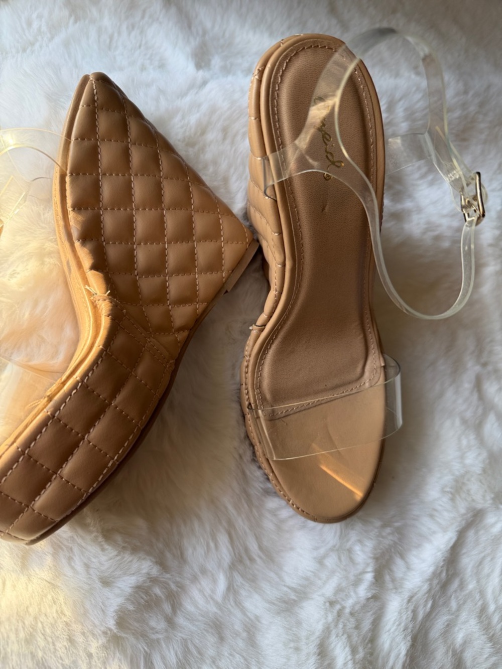 Qupid Clear Strap Tan Sandals with Adjustable Ankle Buckle